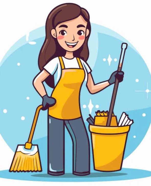 Rosa, the Squeaky Shiny Clean mascot, in her yellow apron with a broom and bucket